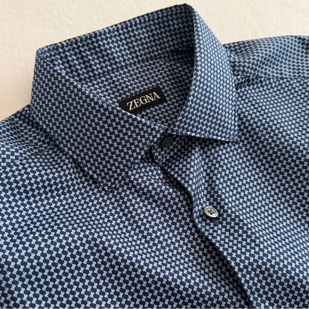 Zegna Men's Button Up Long Sleeve Dress Shirt Geometric Print‎ Blue Large